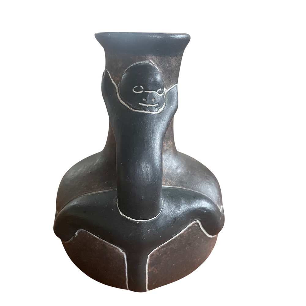 Vintage Mexican Folk Art Monkey Handle Pottery Vase Black Clay Green Glaze 5.5"‎